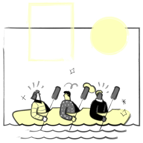 Illustration of people kayaking on a river